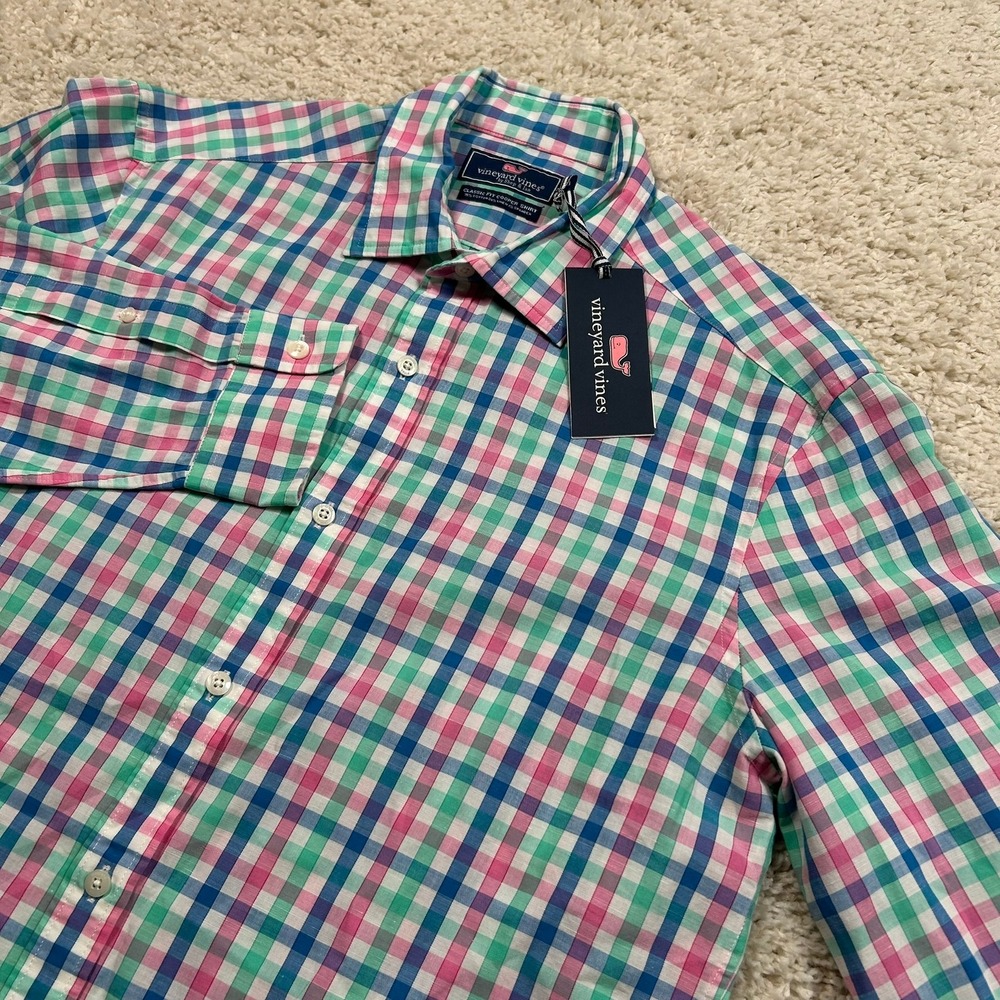 Vineyard Vines Button Down Cooper Shirt Medium Pink Green Plaid Cotton Linen New